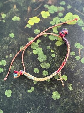 Hand Crafted Adjustable Multi-color Wax Cord Bracelet with Cross Charm
